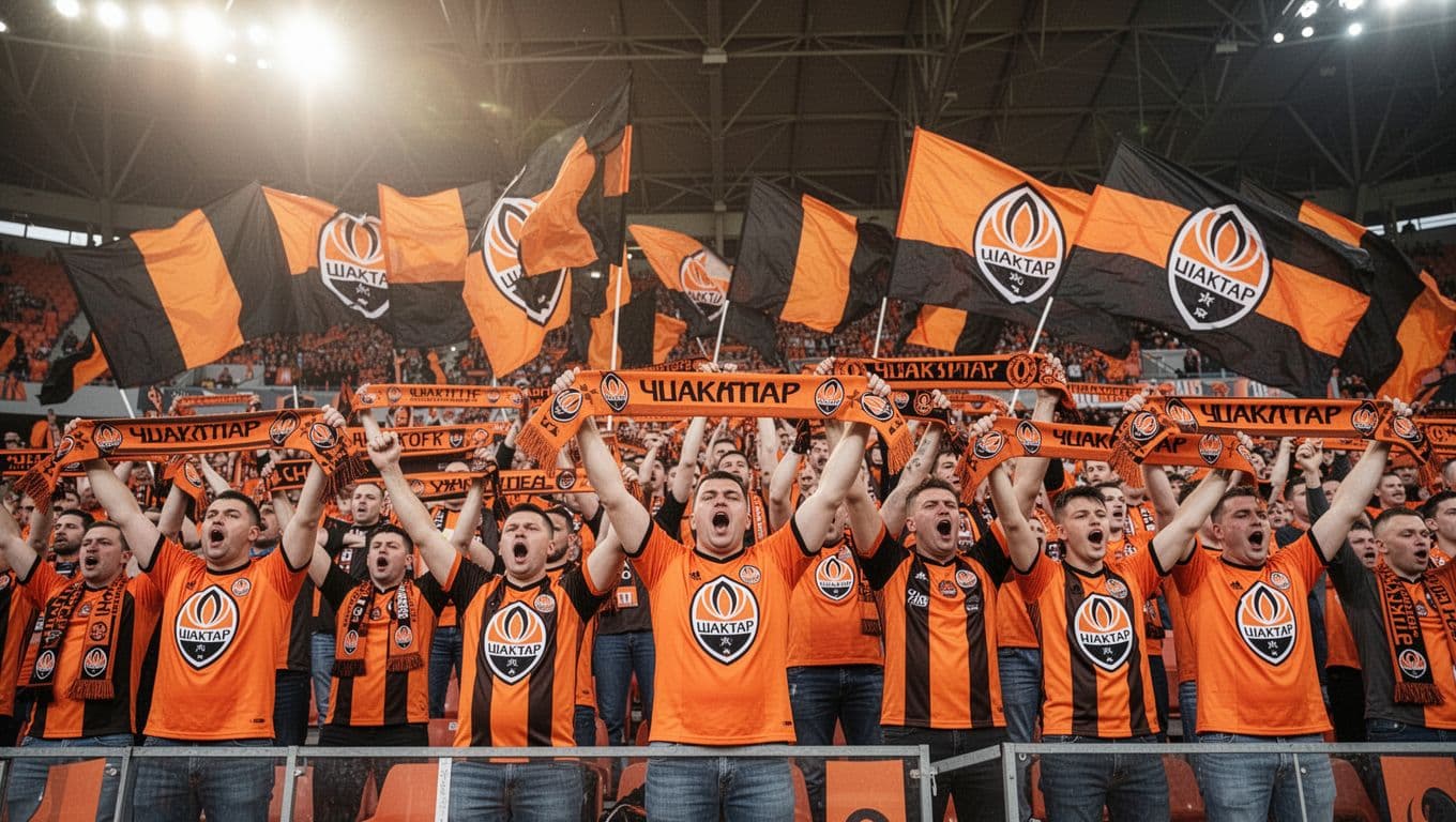 Twenty diverse Shakhtar Donetsk fans wave orange-black flags and raise scarves in brightly lit stadium stands.