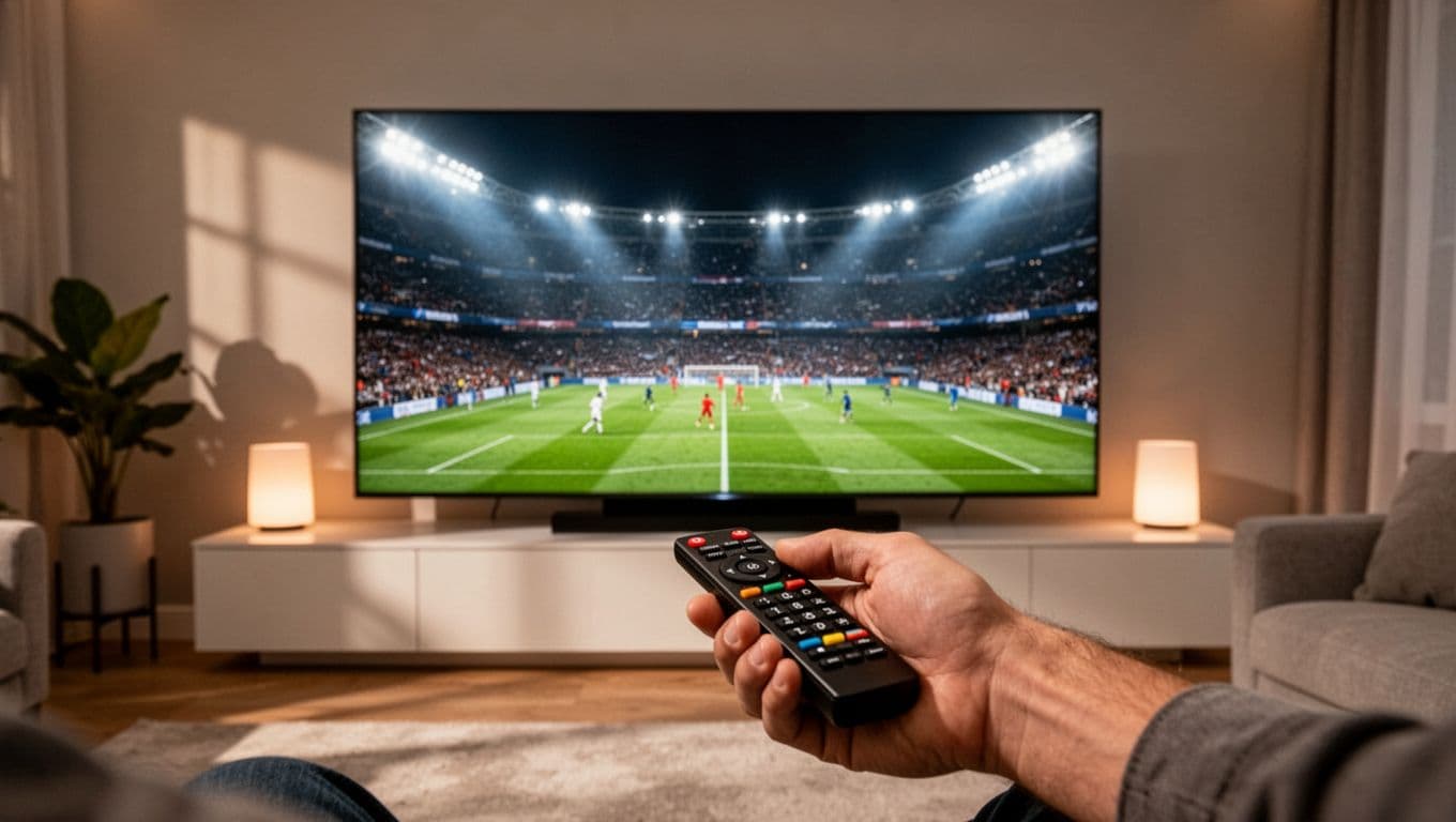 Tangan seseorang memegang remote kontrol di depan layar televisi besar yang menampilkan laga sepak bola profesional. Lampu stadion yang terang benderang terlihat jelas menyinari lapangan hijau di dalam ruangan modern.
