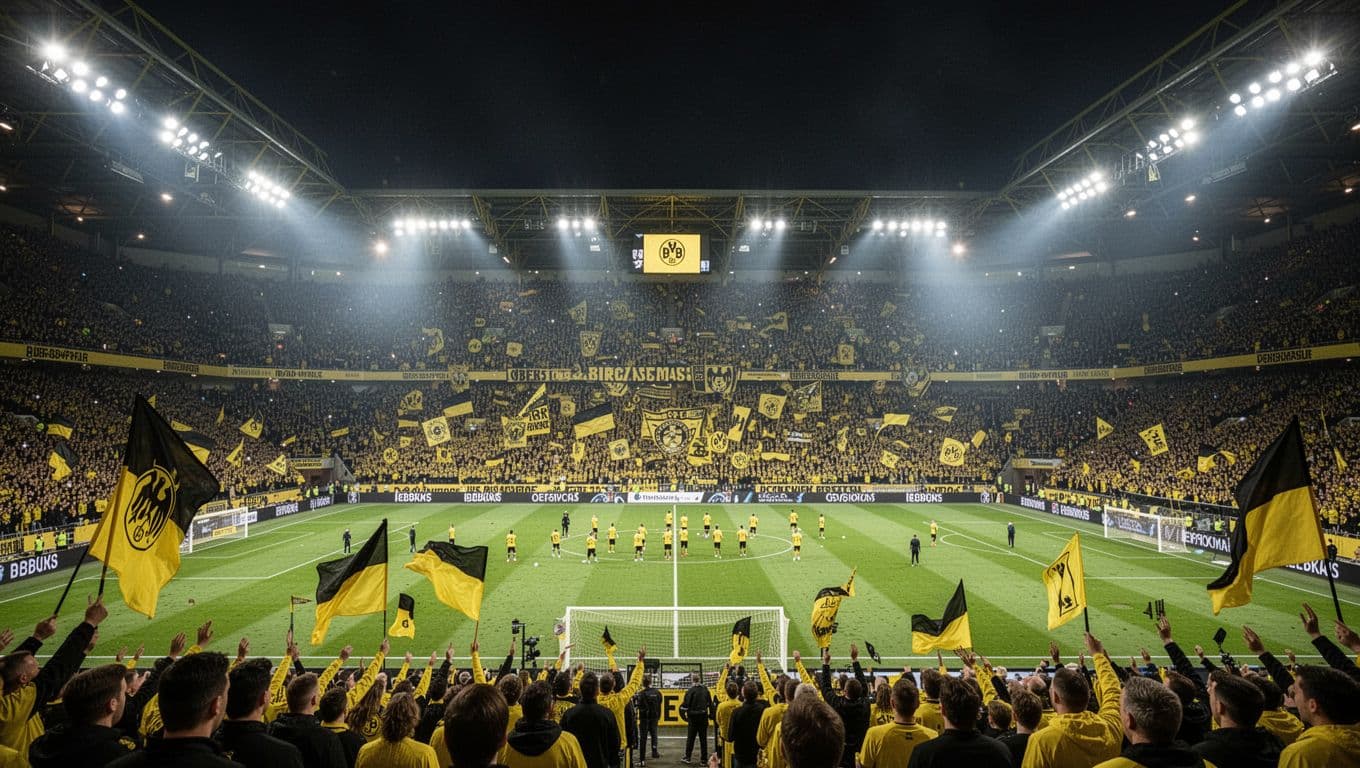 Crowded Signal Iduna Park stadium at night with Yellow Wall fans waving flags and players warming up on pitch.