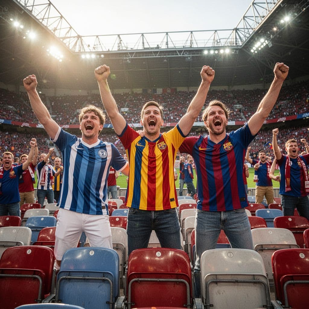 Three fans in team colors stand and cheer in a sunlit stadium during a match.