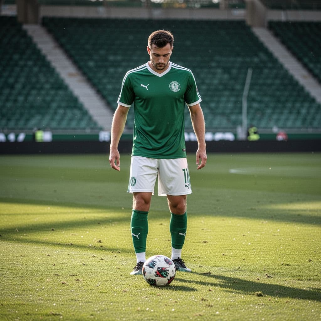 Football player in green and white kit eyes ball on green grass in sunny stadium.