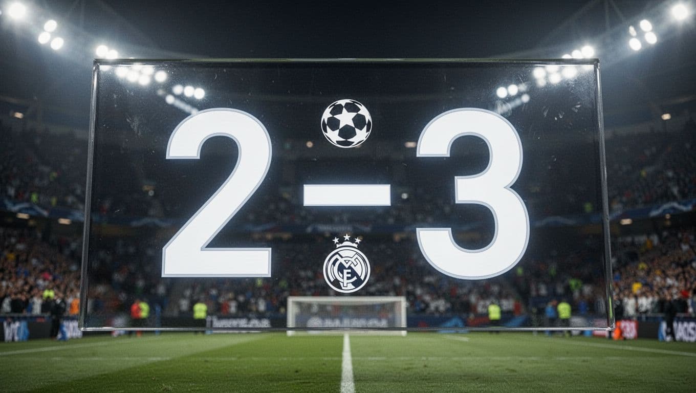 Layar skor digital menampilkan angka dua dan tiga dengan pencahayaan sinematik yang tajam. Ikon tim kandang dan tandang terlihat jelas di sisi angka, menonjolkan persaingan sengit dalam stadion yang kosong.