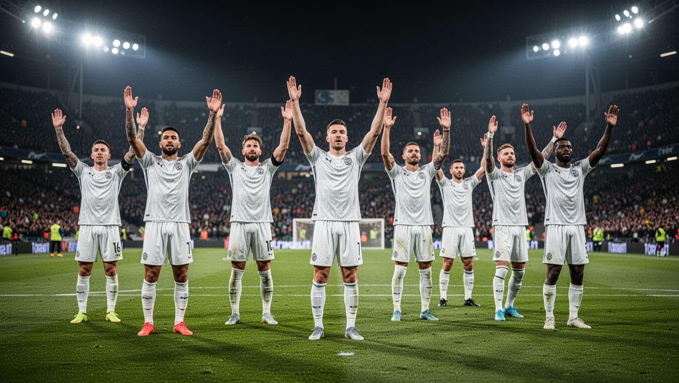 Para pemain sepak bola mengenakan jersey putih merayakan gol di lapangan rumput hijau terang. Lampu stadion yang cerah menyoroti kegembiraan tim dengan latar belakang penonton yang tampak samar di tribun malam hari.