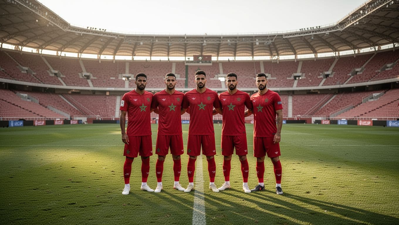 Para pemain tim nasional Maroko dengan jersey merah berkumpul di tengah lapangan rumput stadion besar. Mereka menunjukkan ekspresi wajah yang serius dan fokus saat sore hari dengan pencahayaan alami yang lembut.