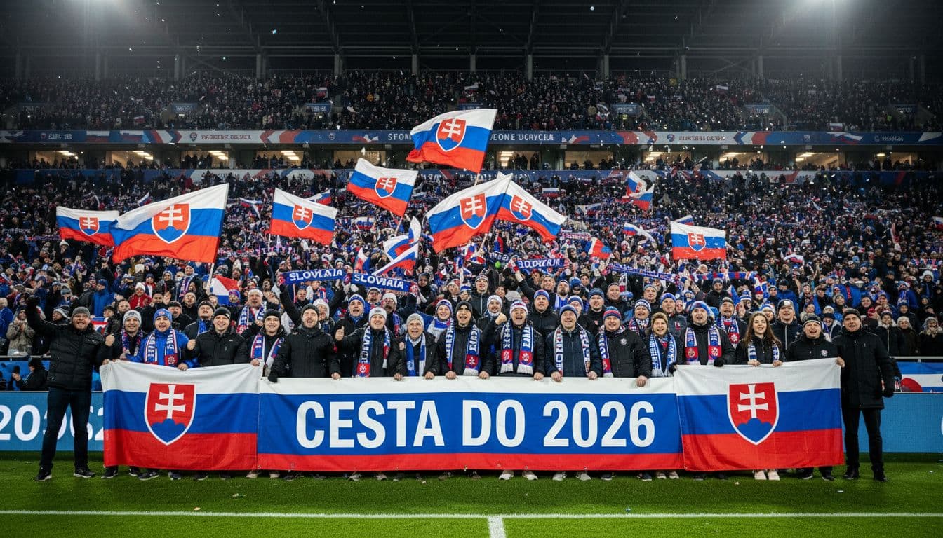 Diverse group of 20 Slovak football fans waving flags, scarves, and banners while cheering enthusiastically in a packed stadium under floodlights during a night World Cup qualification game.