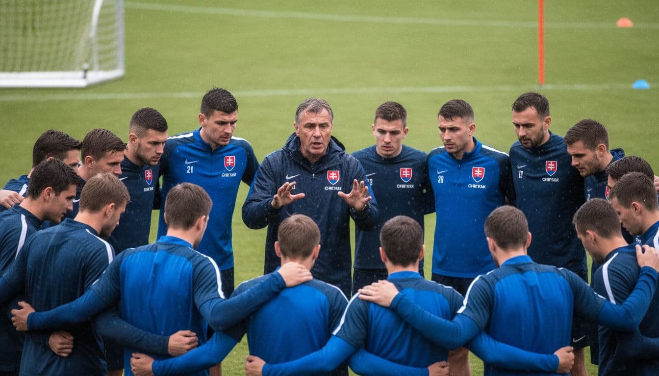 Determined Slovak football players huddle on a rainy training ground with their coach motivating them, showcasing team unity after a heavy loss to Germany, exactly 11 players in formation.