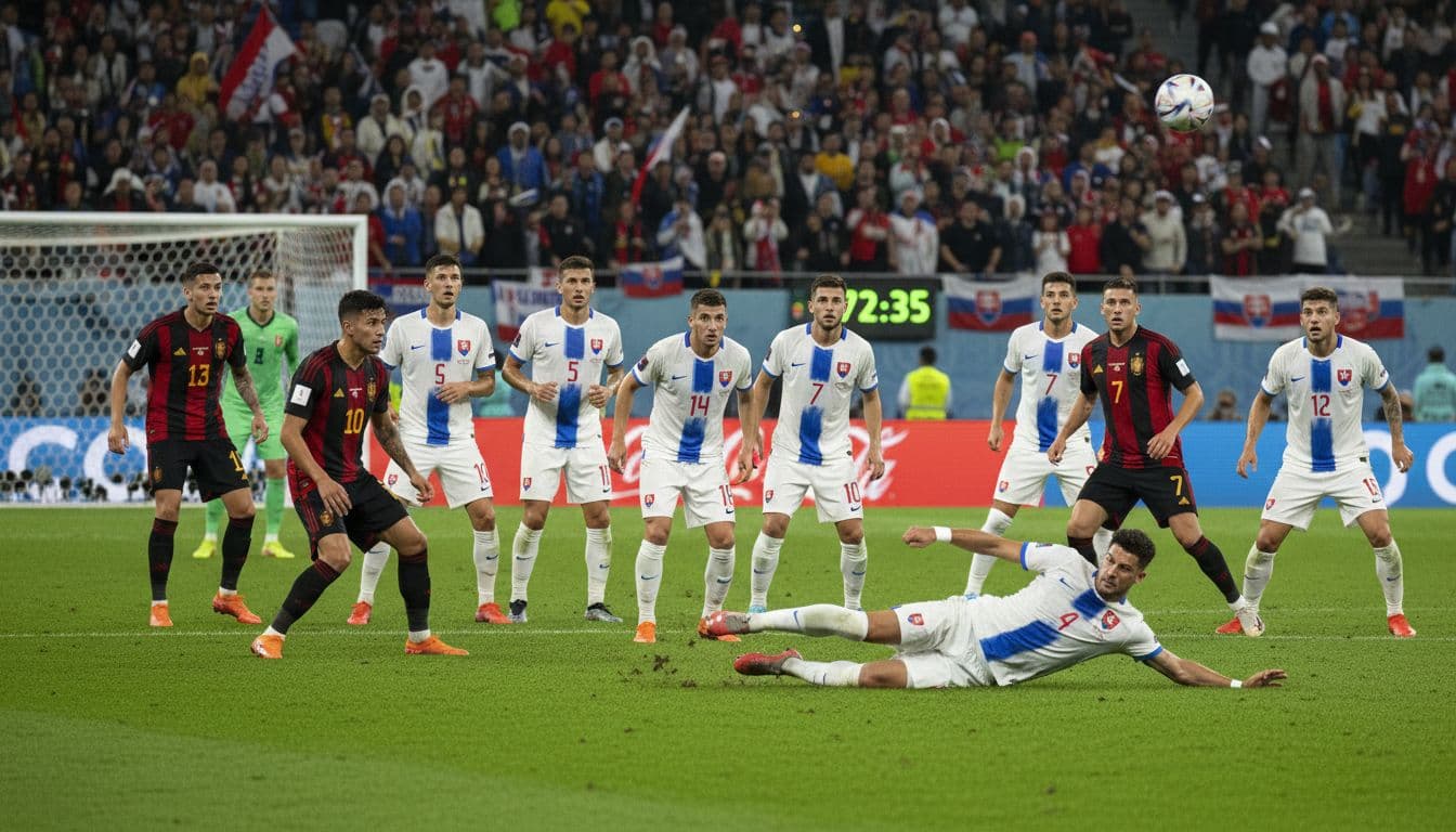 Slovakia national football team defending under intense pressure from a stronger opponent in a World Cup match, with strained but organized players blocking a shot in a crowded penalty area amid tense evening stadium atmosphere.