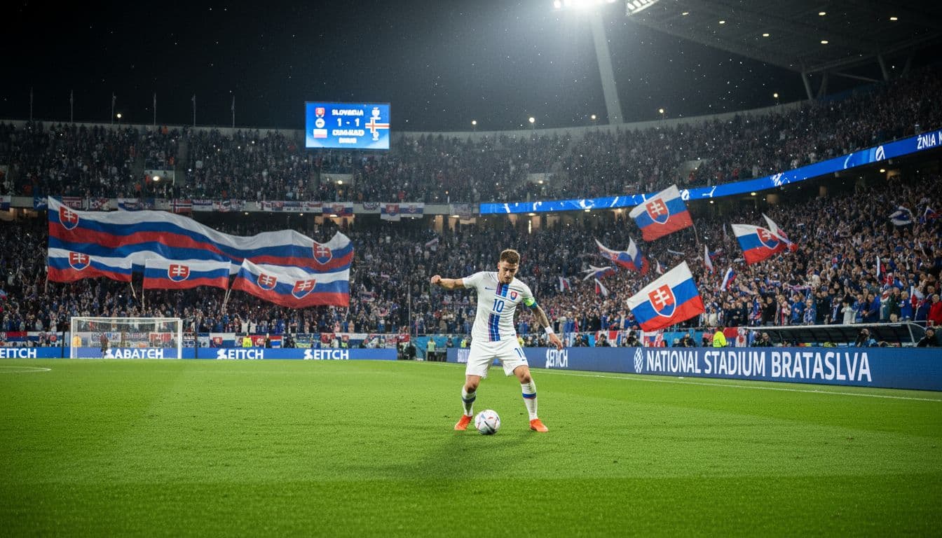 Slovakia national football team players compete in a high-stakes playoff match for World Cup 2026 qualification, with one player shielding the ball amid a packed stadium of fans waving flags under bright night floodlights.