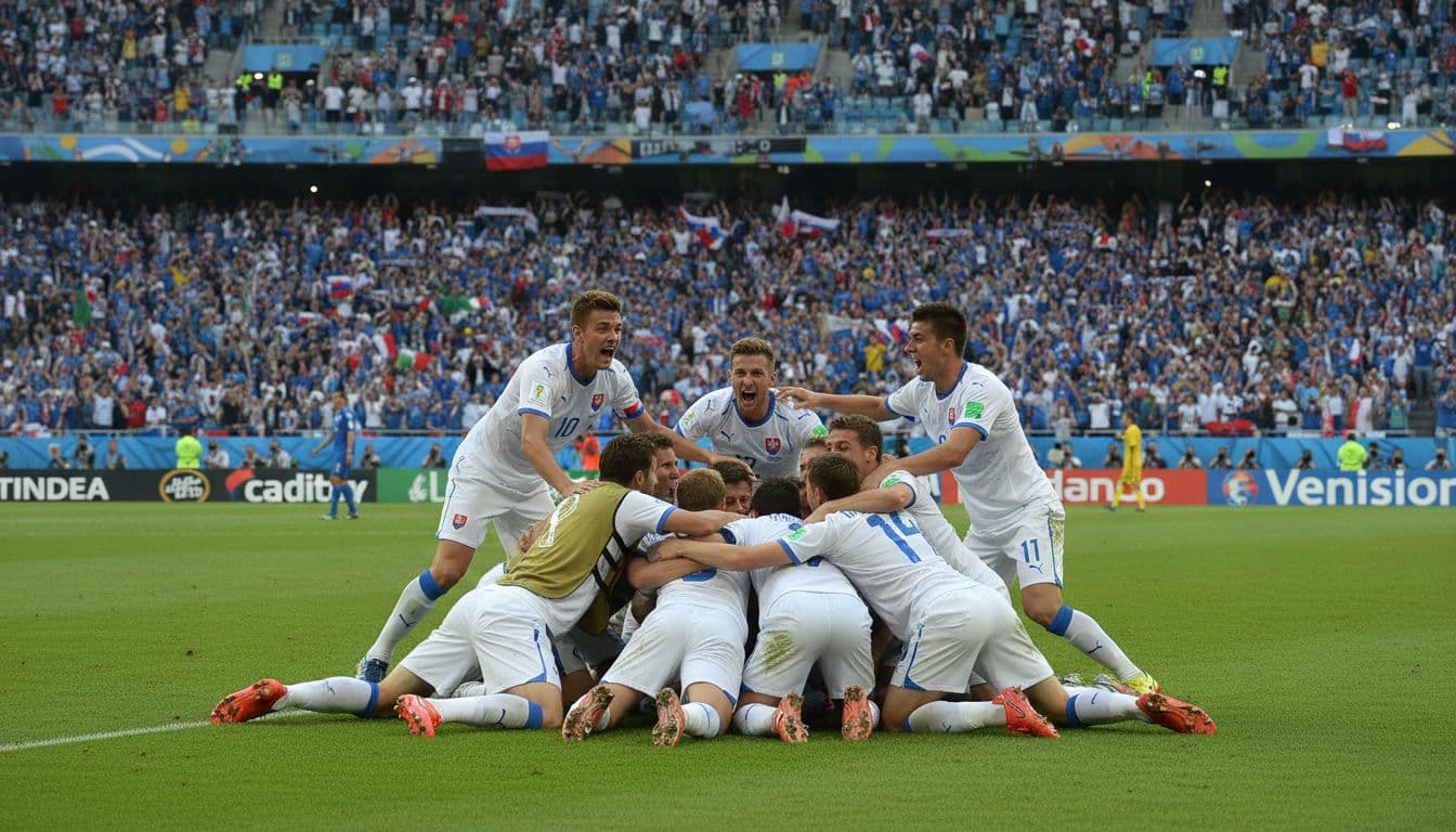 Slovakia national football team players hug in joy on the green pitch after scoring against Italy during the 2010 FIFA World Cup match, with stadium crowd in the background under daylight.