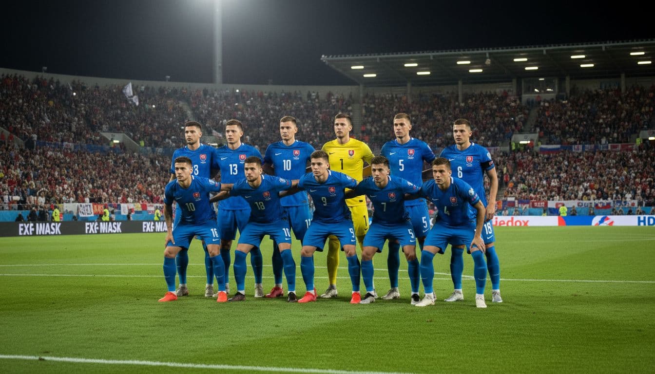 Slovakia national football team players in a compact defensive formation during a match, showing teamwork and discipline without the ball, midfielders pressing together in a full stadium with fans under dynamic floodlights.