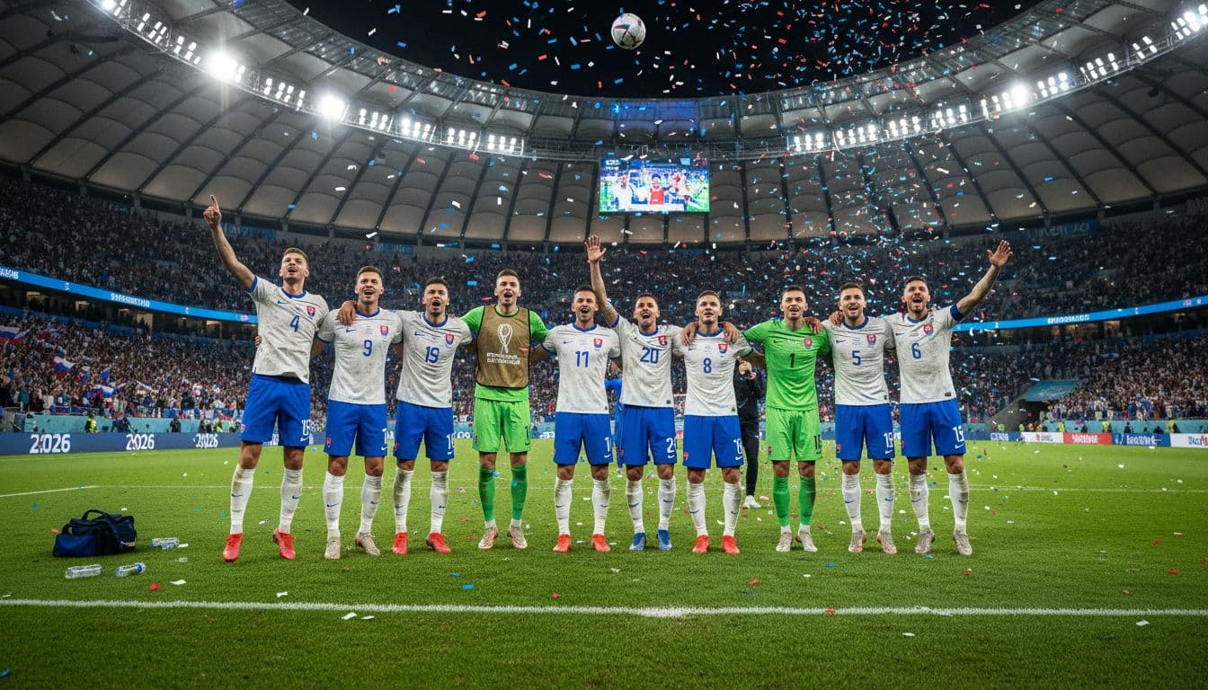 Exactly 11 Slovakia national football team players on the pitch with arms raised, celebrating advancement from the group stage in a World Cup 2026 stadium, fans cheering in the background under bright floodlights, dynamic realistic action shot.
