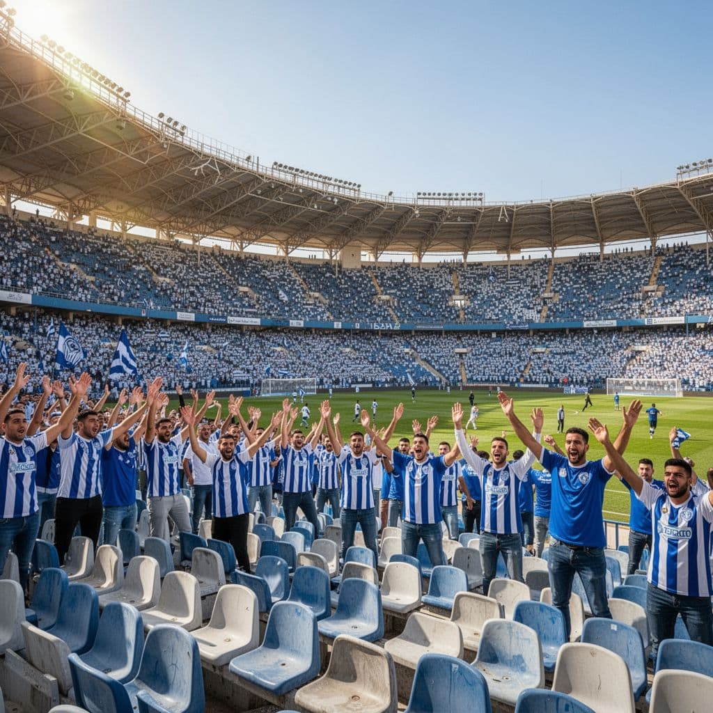 A vibrant stadium filled with fans wearing blue and white team colors cheering under bright sunlight.