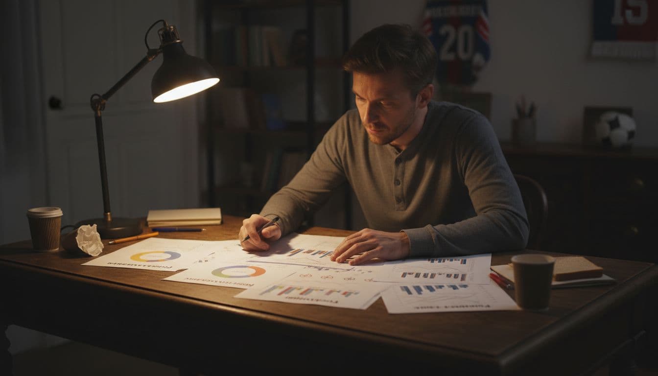 Focused analyst at desk examines paper charts of ball possession, shots on target, and big chances in dim light.