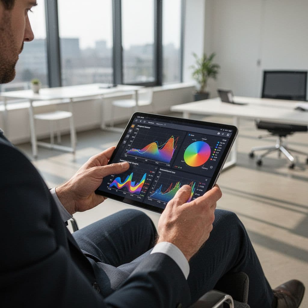 A professional analyst reviews football performance data on a tablet in a bright, modern office.