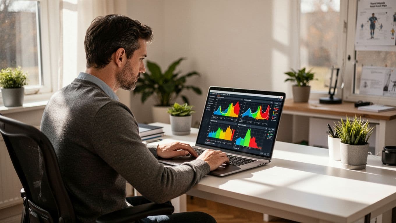 A soccer analyst sits at a bright desk reviewing team performance statistics on a laptop screen.