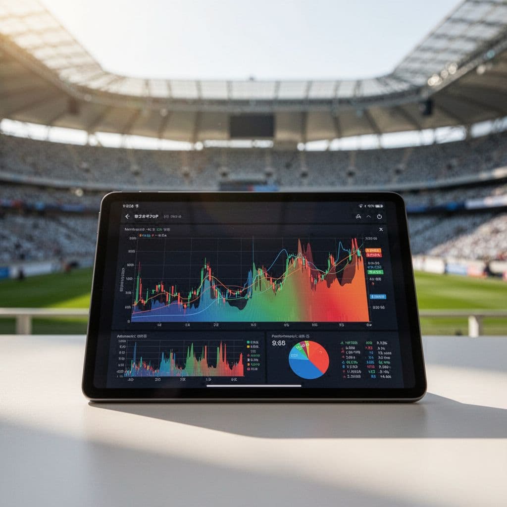 Tablet screen displays soccer performance charts with blurred stadium background.