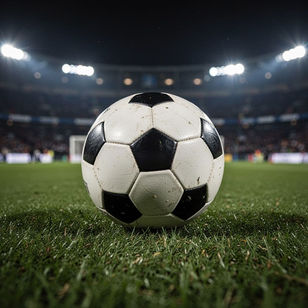 Close-up of soccer ball on grass field with blurred stadium lights in background.