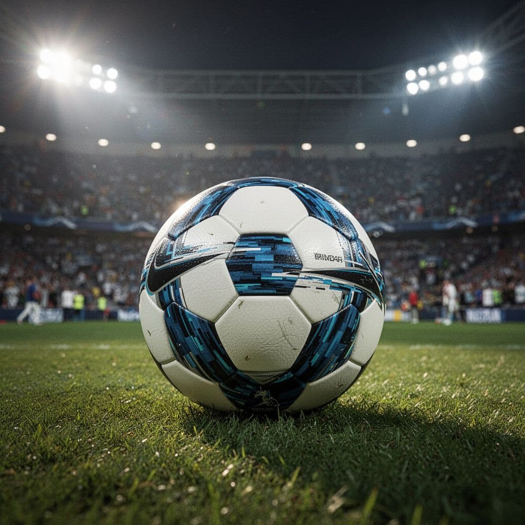 A professional soccer ball sits on the grass pitch under bright stadium floodlights at night.