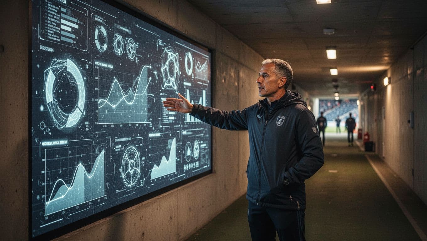 A coach stands in a modern stadium tunnel, gesturing toward a large digital display featuring glowing team rankings and performance charts. Warm arena lighting illuminates the focused atmosphere of data analysis.