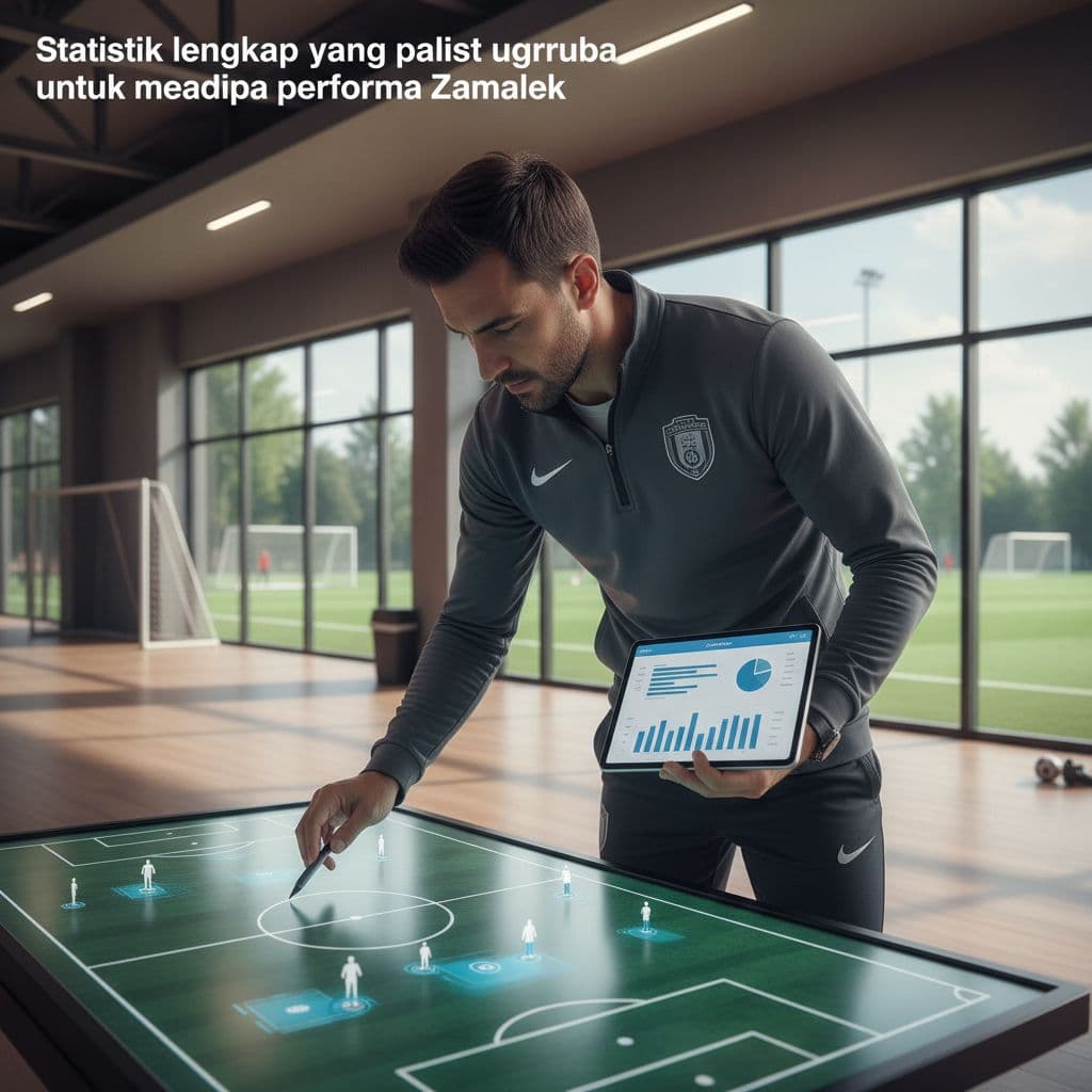 A soccer coach reviews player performance statistics on a digital tablet within a modern training facility.