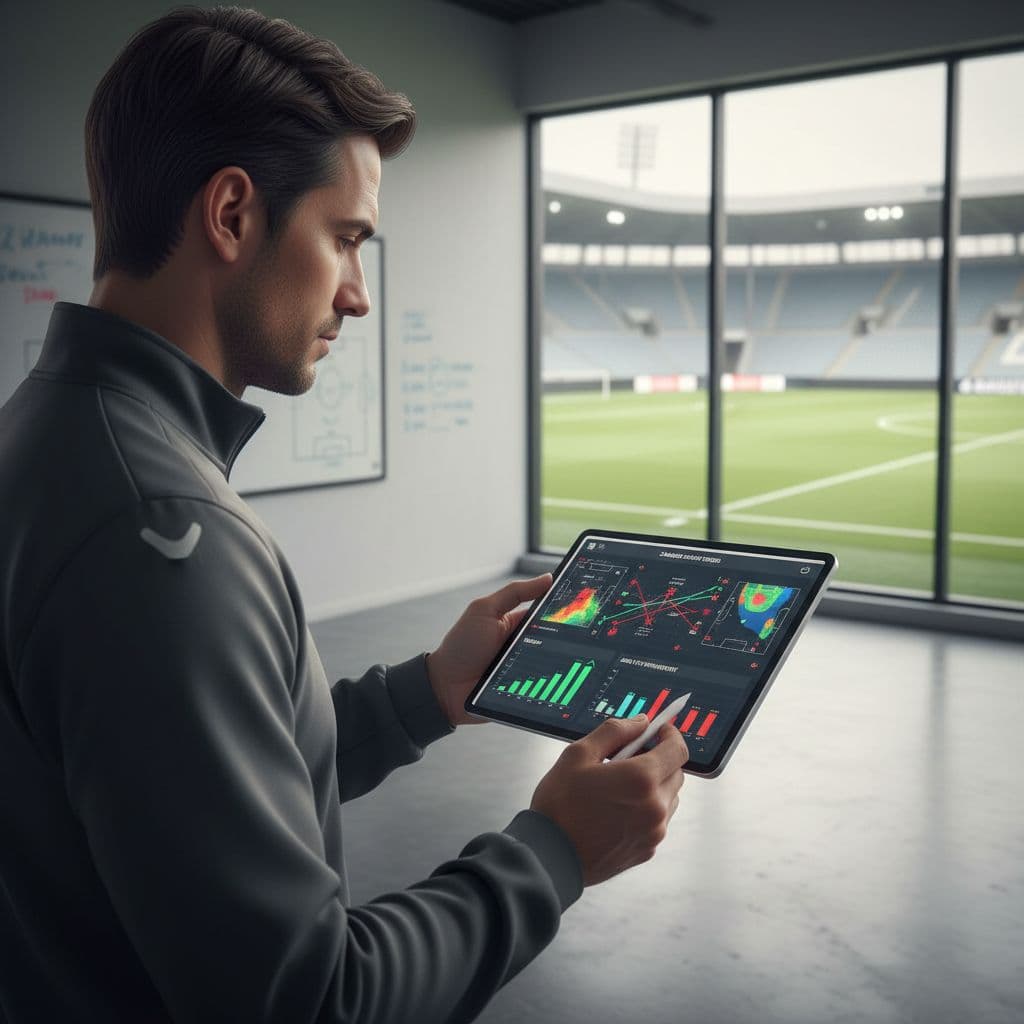A professional soccer coach analyzes tactical performance charts on a digital tablet within a training facility.