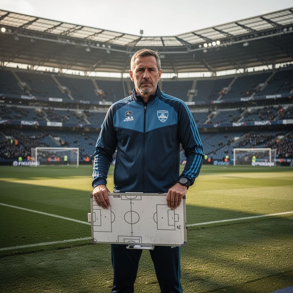 A focused soccer coach stands on a professional pitch holding a tactics board during the day.
