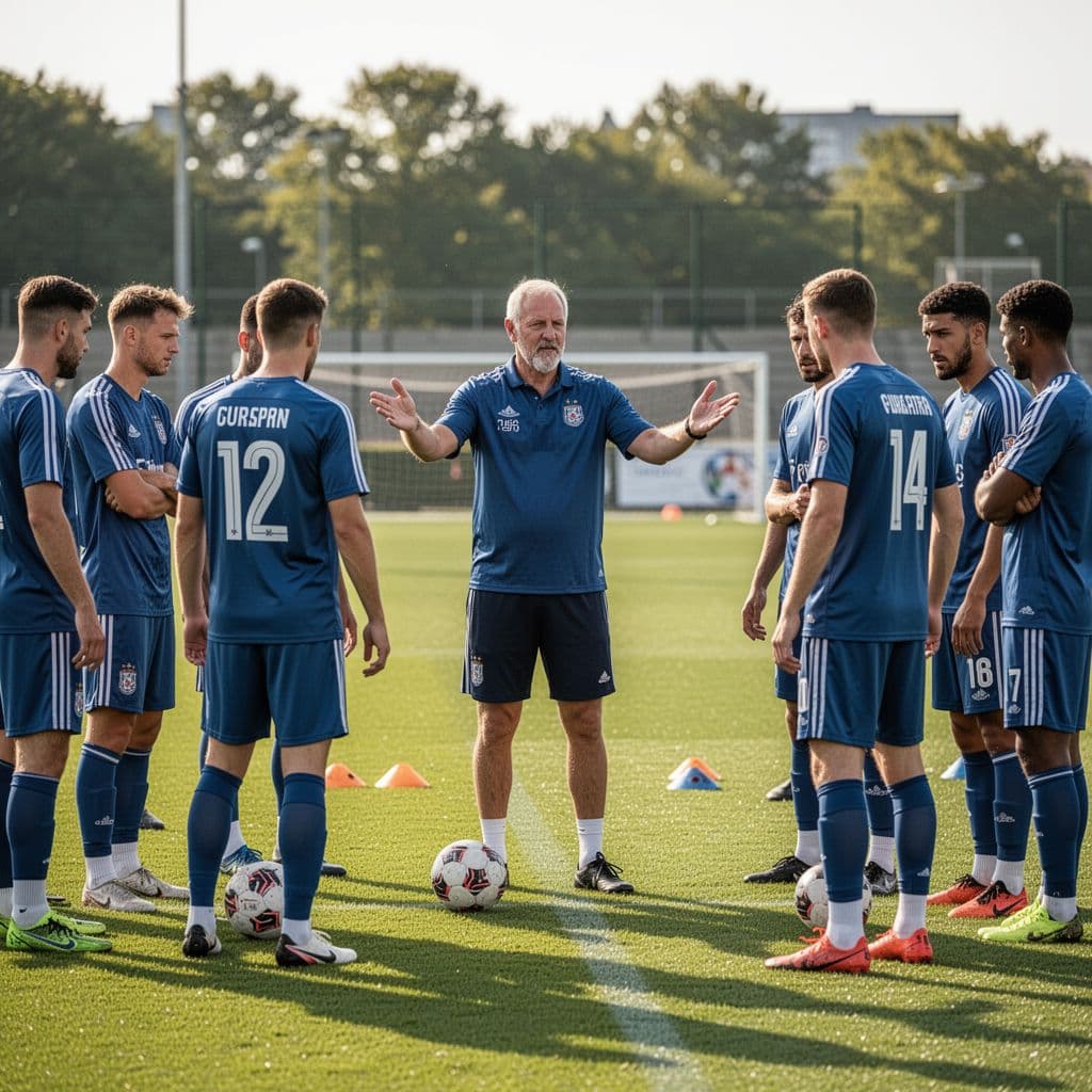 One coach gestures to a small group of players on a green soccer pitch during training.