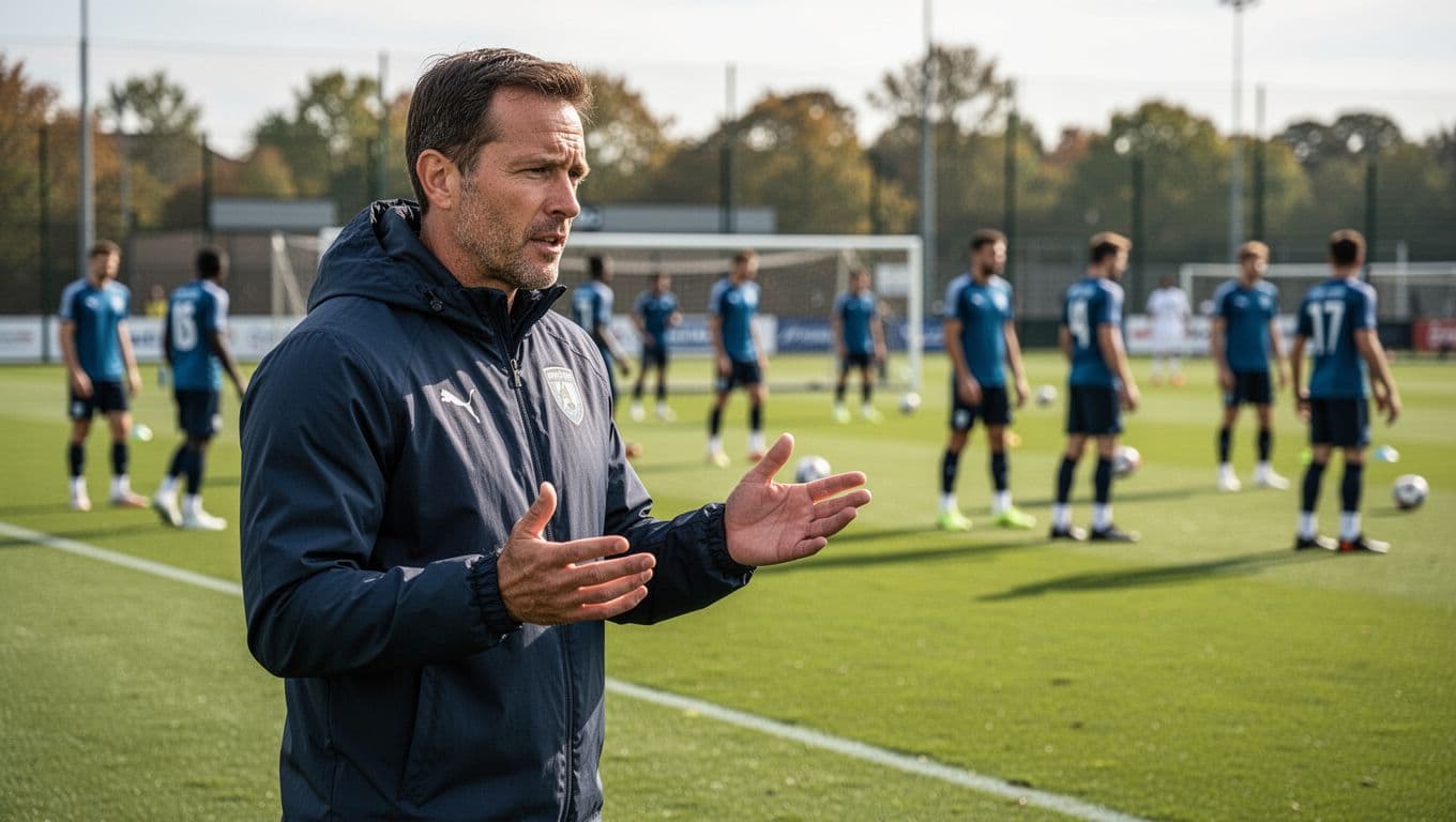 A focused soccer coach stands on the sidelines gesturing strategy with players practicing in the background.