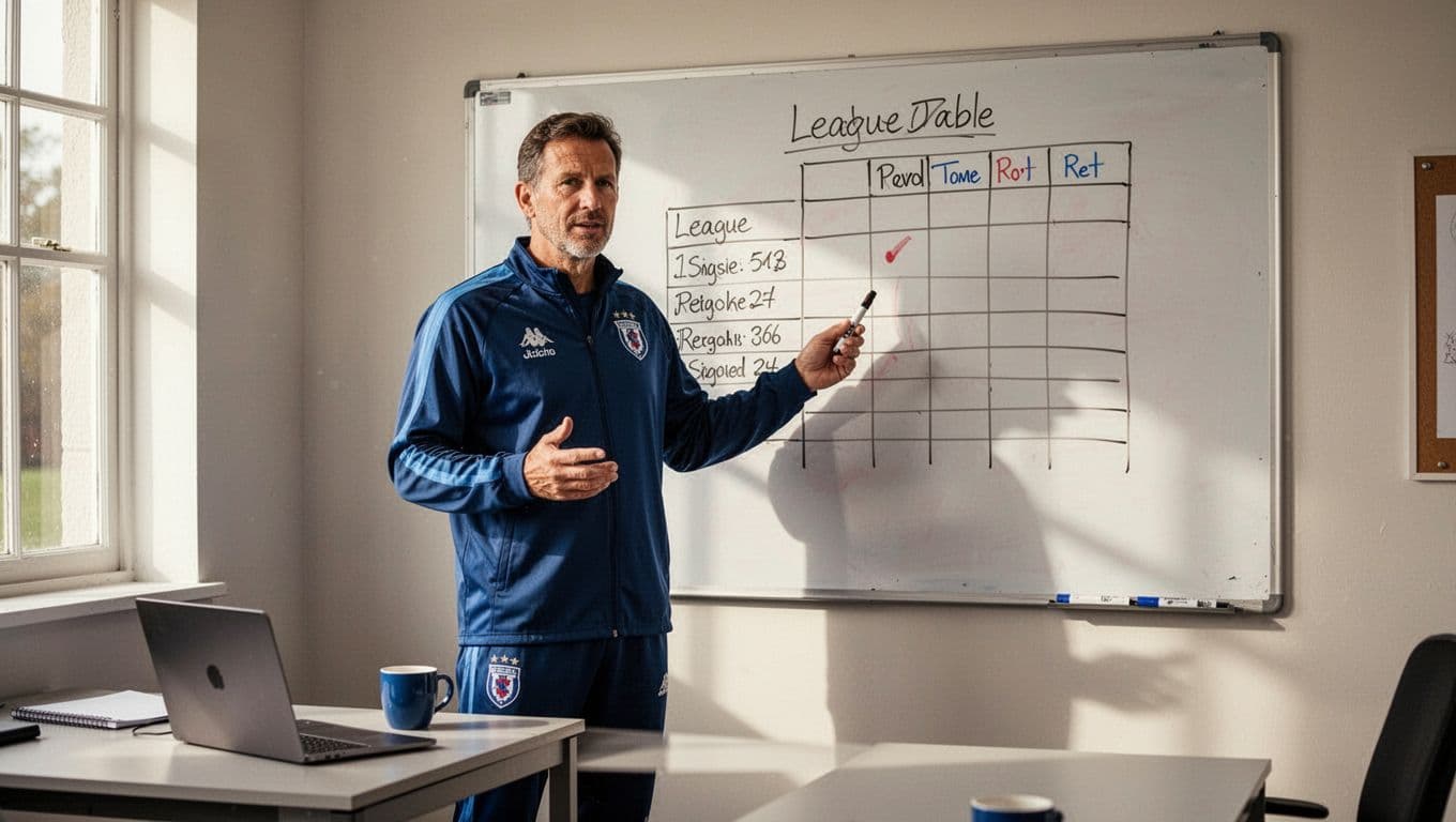 Soccer coach in team jacket stands before whiteboard with hand-drawn league table graph, marker in hand, in small office with laptop and coffee mug.