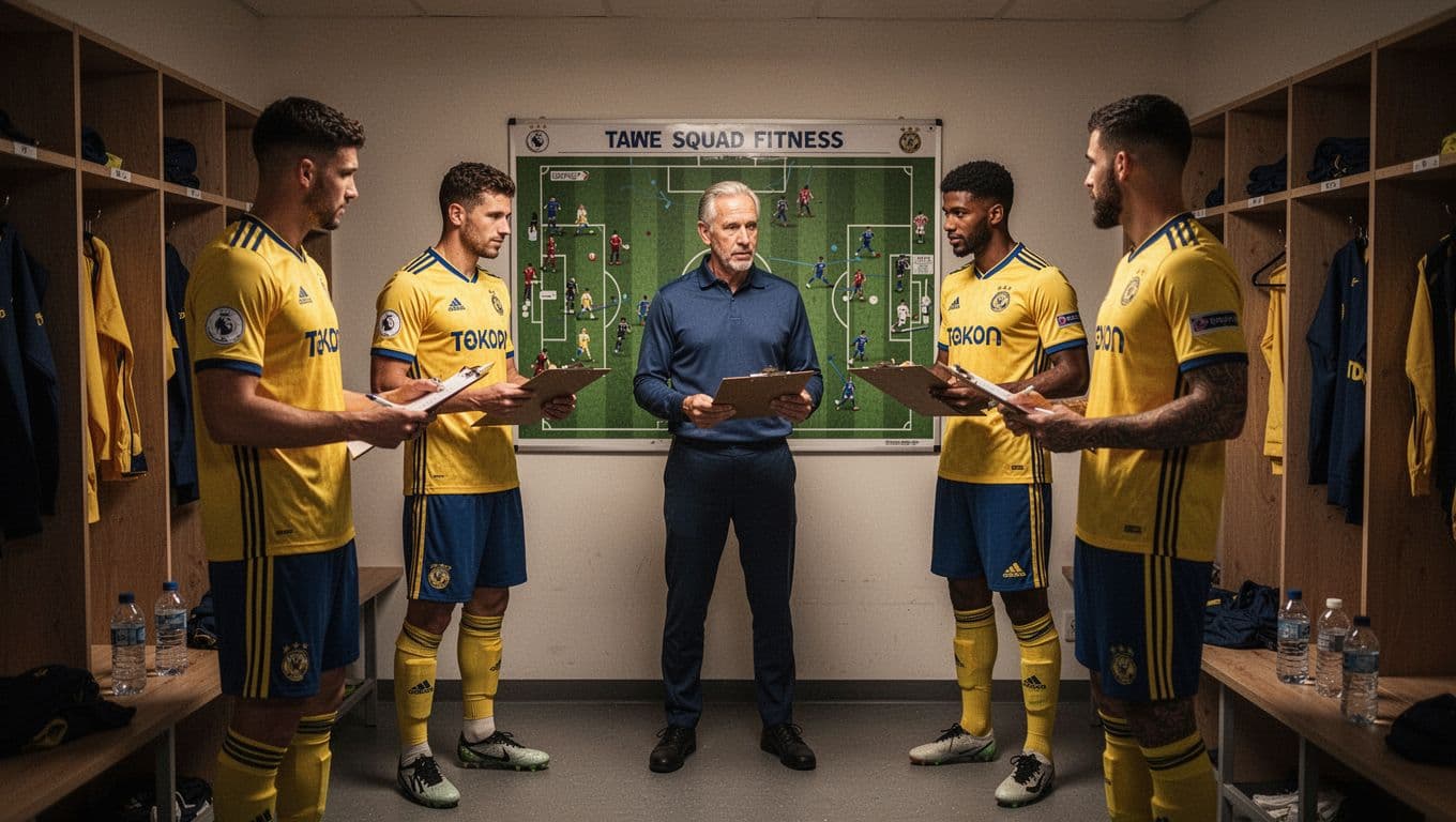 Soccer coach and four players in yellow-blue kits discuss fitness on tactics board in dim locker room.