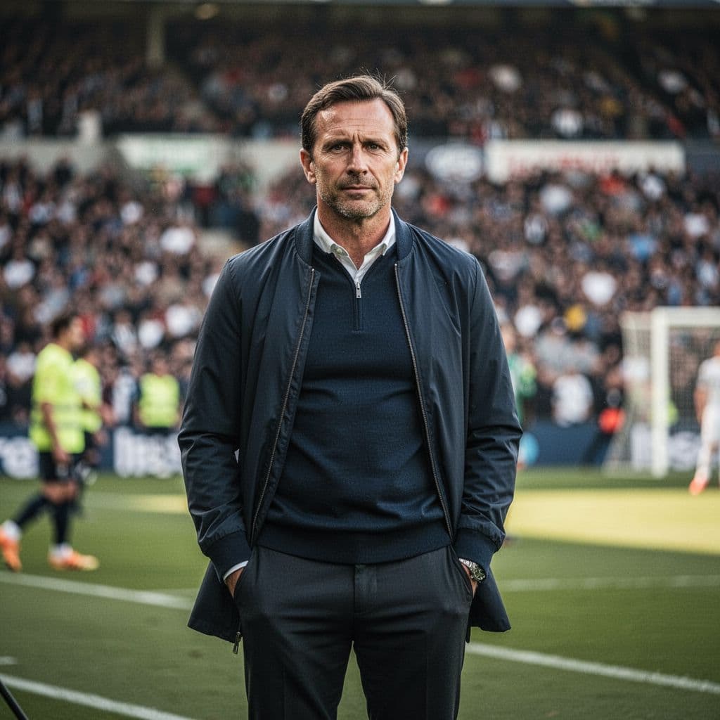 A focused soccer coach stands on the sideline of a stadium during a competitive match.