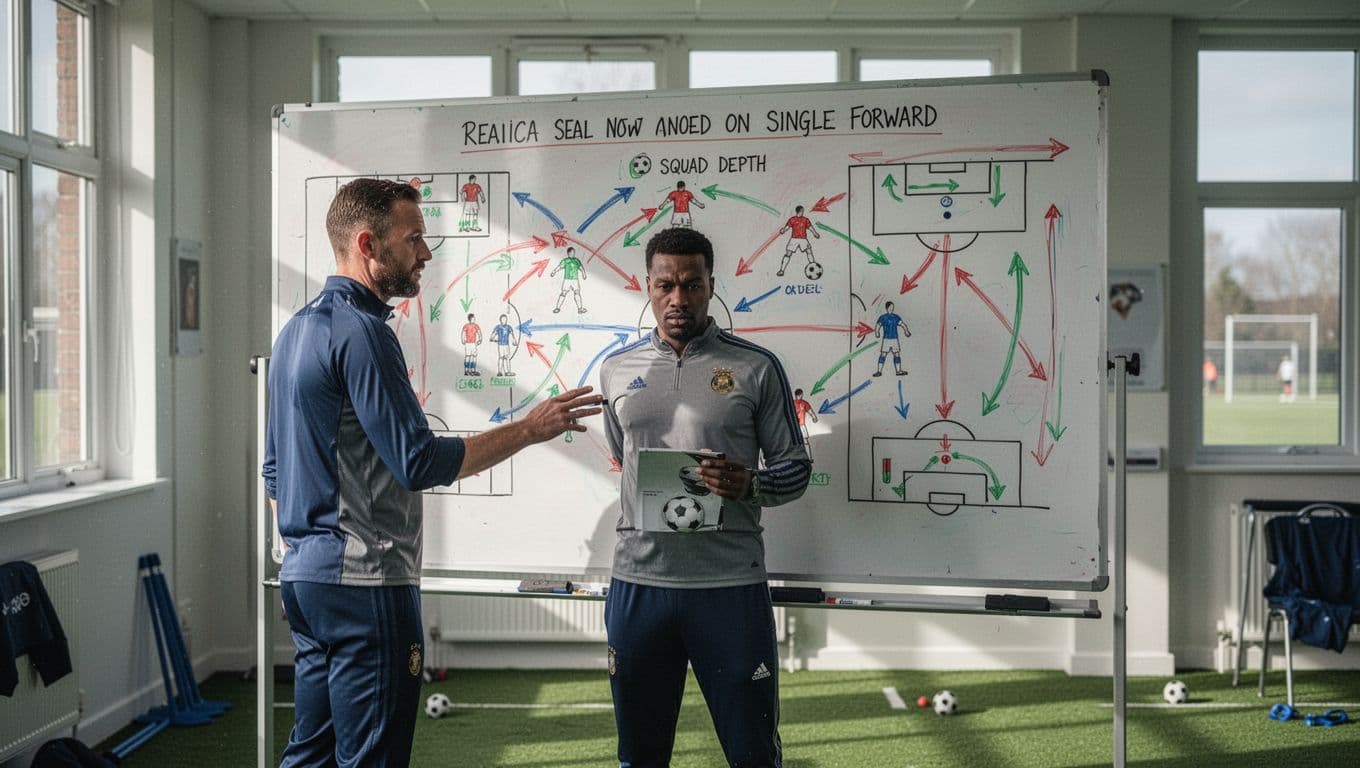 Soccer coach examines whiteboard charts in training room showing team goals dependent on one striker with red arrows to other players.