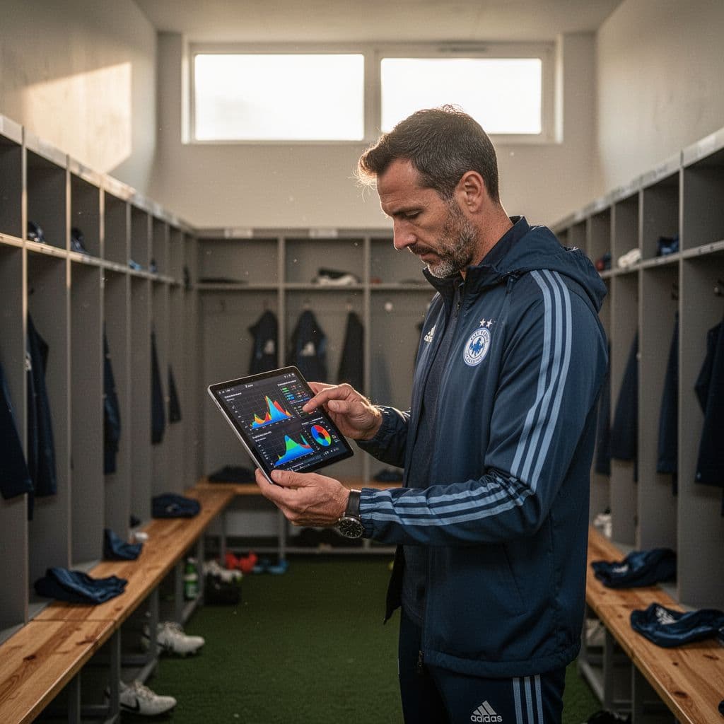 A professional soccer coach examines analytics graphs on a tablet in a stadium locker room.