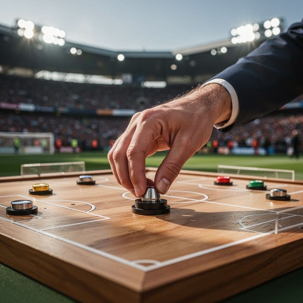A close-up view shows a hand sliding a magnetic marker across a tactical whiteboard. The stadium seating remains softly blurred in the background, suggesting intense preparation before a professional match begins.