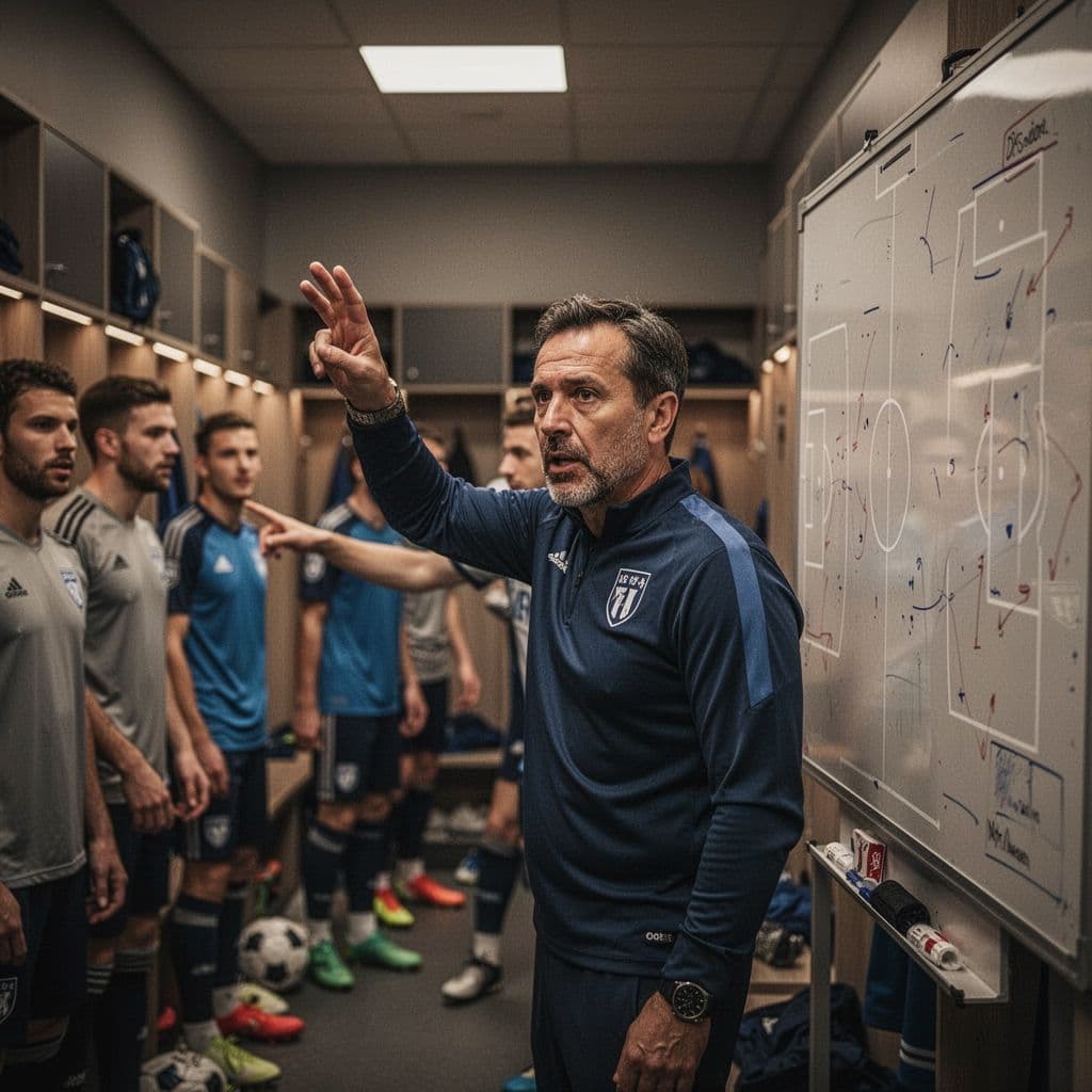 A professional soccer coach points to a diagram on a tactical board inside a locker room.