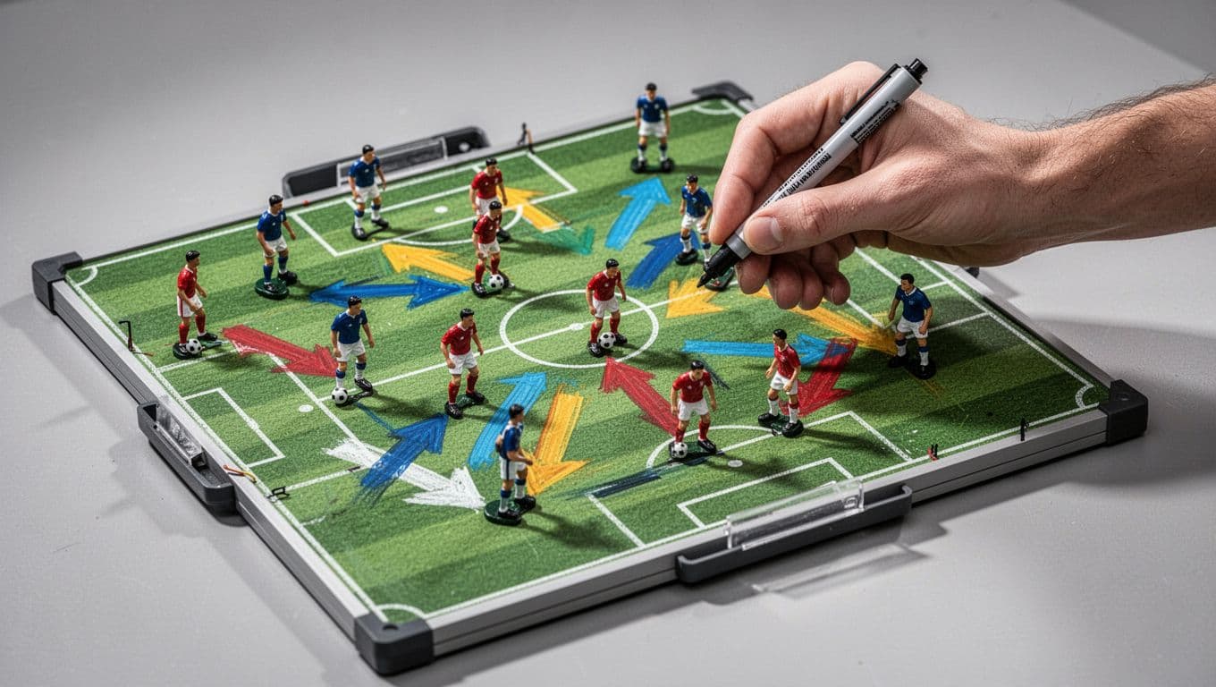 A soccer coach uses a marker near a tactical board featuring magnetic player formations and strategic arrows.