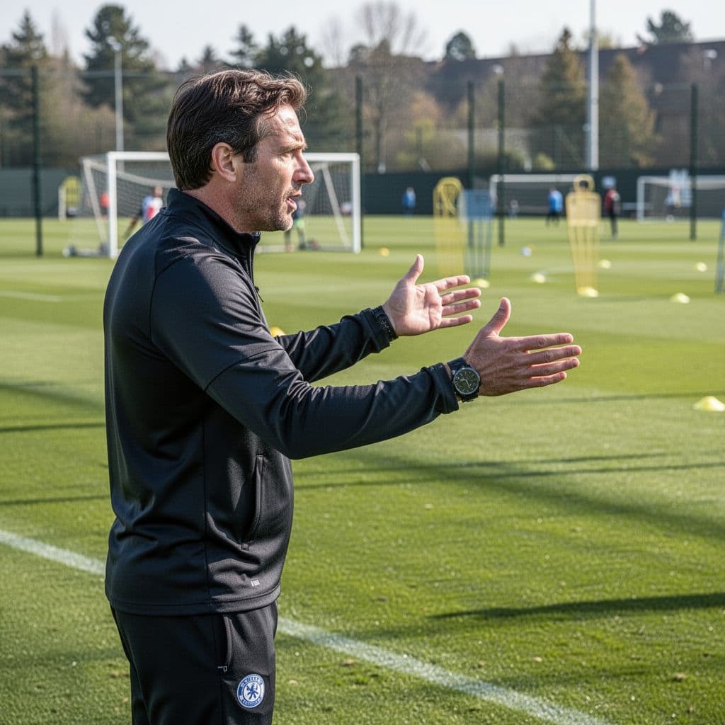 Side view of a soccer coach gesturing tactical instructions toward an empty training field on a sunny day.