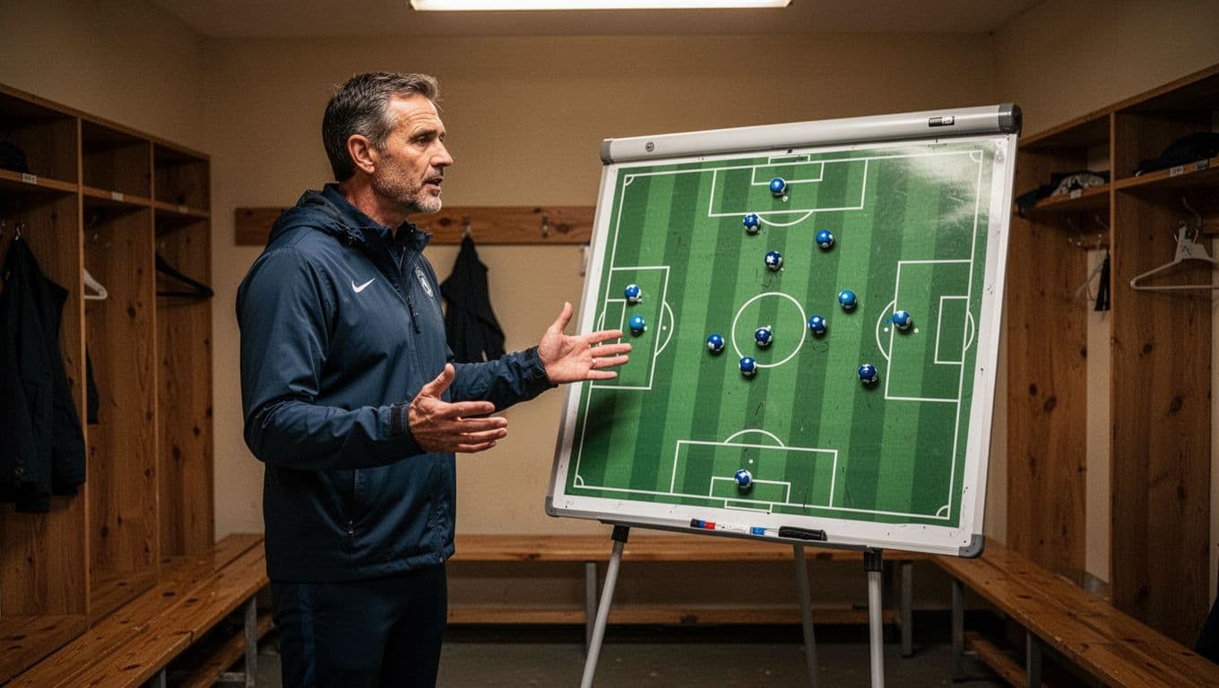 A focused soccer coach stands in a locker room, sketching player positions on a whiteboard with a marker. Warm ambient lighting highlights his intense expression and professional athletic training gear.
