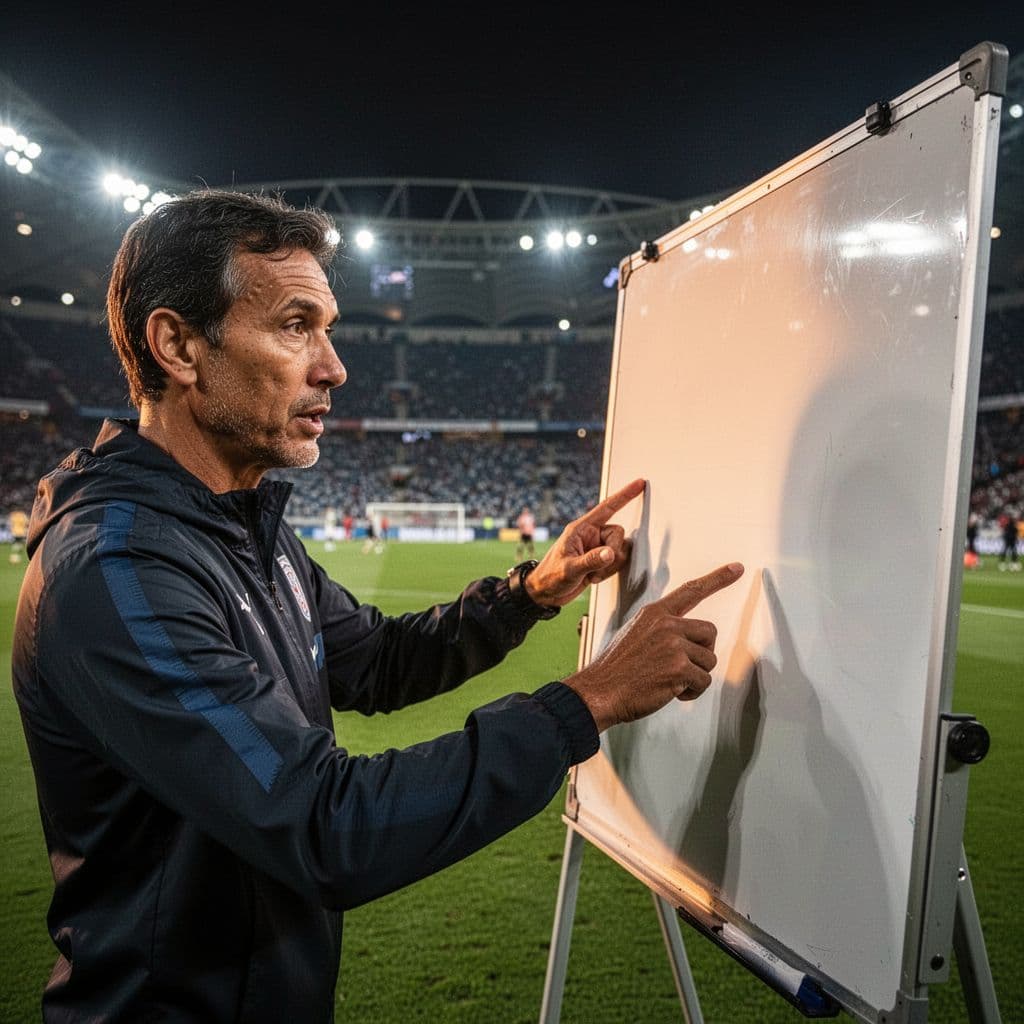 A football coach discusses tactical formations on a whiteboard near the sideline at a lit stadium.