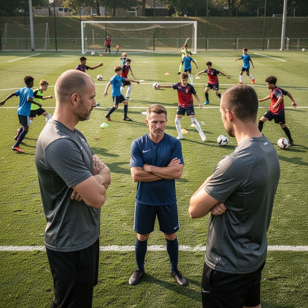 A coach stands with arms crossed on a vibrant grass field, observing young athletes performing tactical drills. The wide-angle perspective captures the structured movement of players during a sunny practice session.