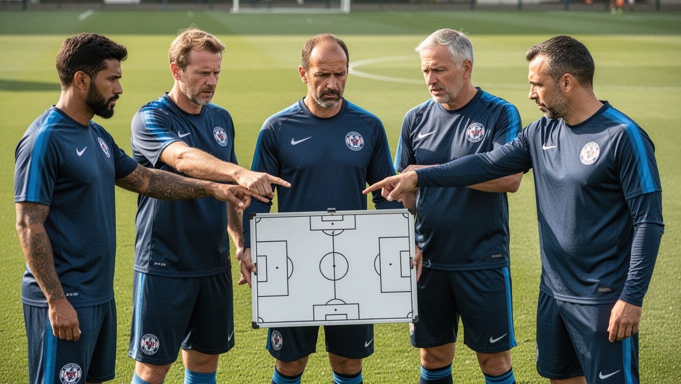A diverse group of soccer coaches stand on a grassy pitch analyzing strategy on a tactics board.