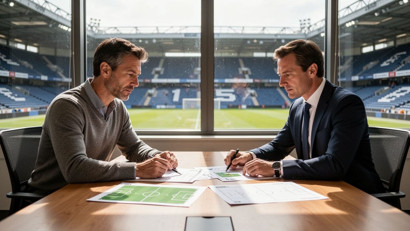 Two soccer staff members review documents at a stadium office table with sunlight streaming through the window.