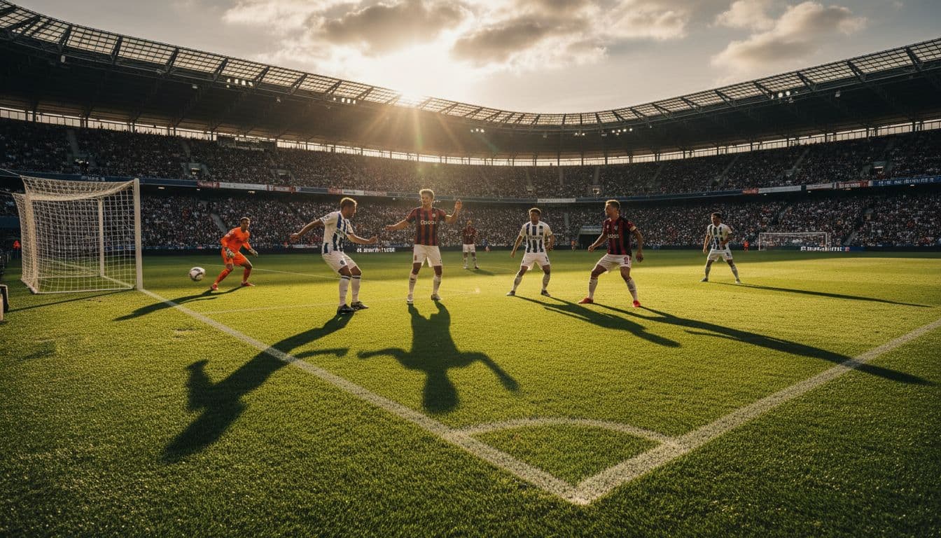 Five soccer players stand inside the penalty area during a corner kick on a sunny field.