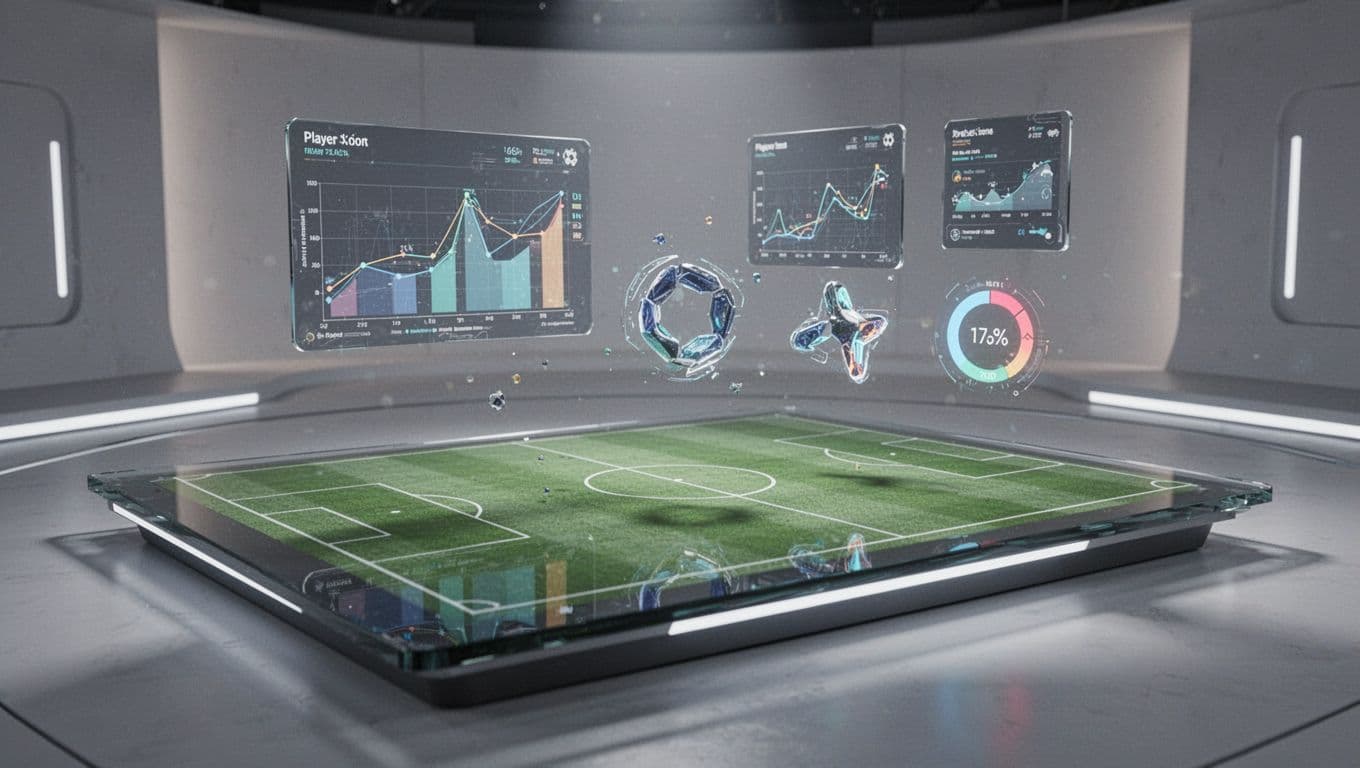 Glowing blue digital interface displays complex soccer performance charts and player movement metrics. Intricate geometric lines and circular bar graphs overlay a dark background to visualize tactical field formations during play.