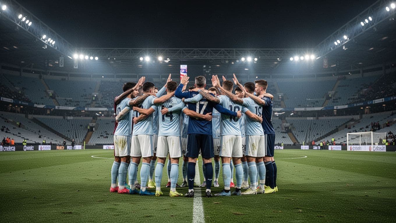 Eleven players and coach huddle defensively on nighttime stadium field under spotlights, celebrating draw.