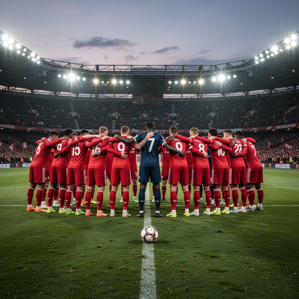 Red-jerseyed players form a defensive wall blocking a dark blue forward near the penalty box in a twilight stadium.