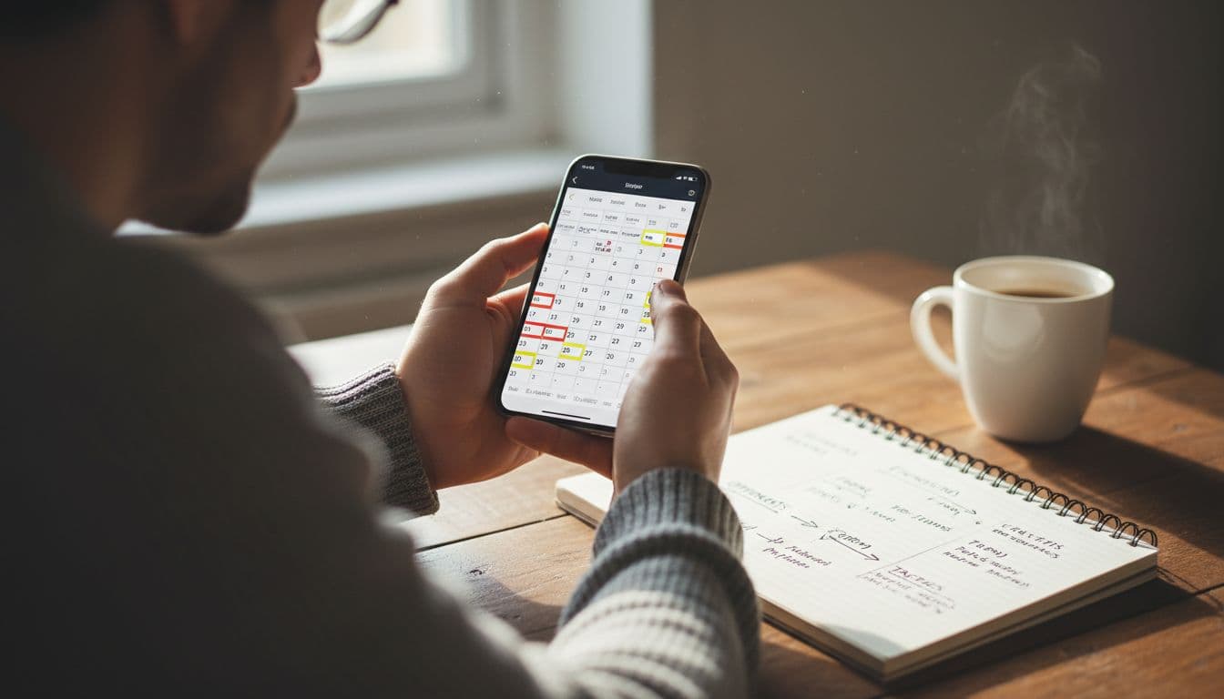 Soccer fan holds phone showing app with fixtures, beside highlighted calendar, notepad notes, and coffee mug in cozy home.