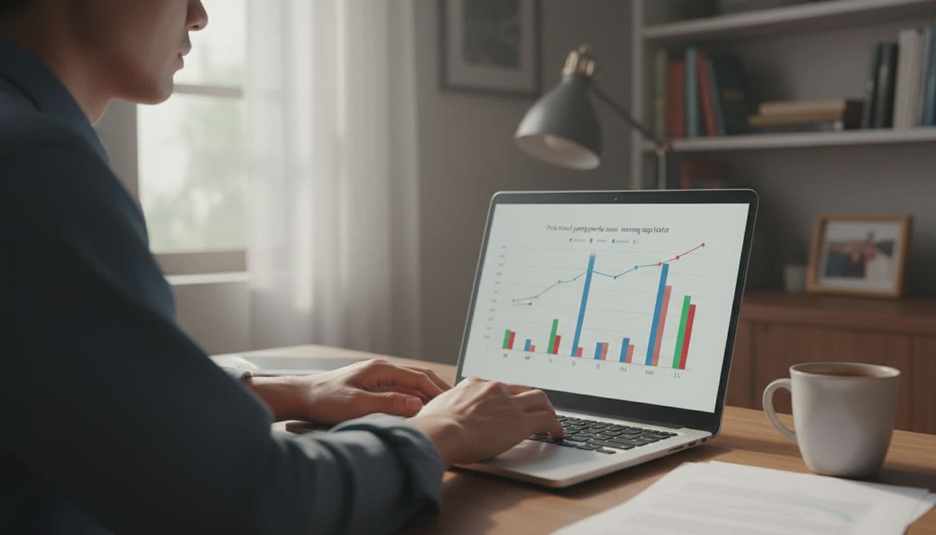 Focused person in home office examines blurred laptop charts of wins, draws, losses, coffee mug nearby.
