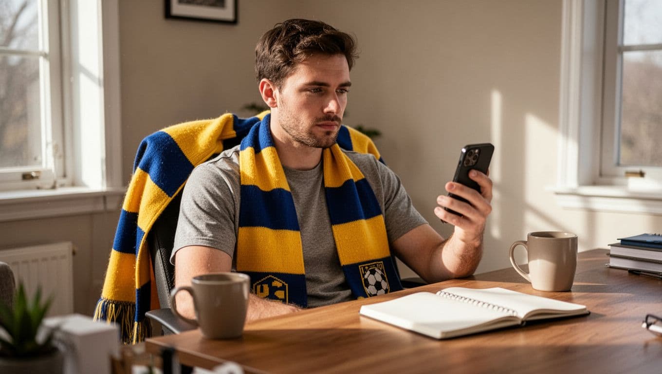 Soccer fan at home desk checks match schedule on smartphone, yellow-blue scarf on chair, coffee mug and notebook nearby.