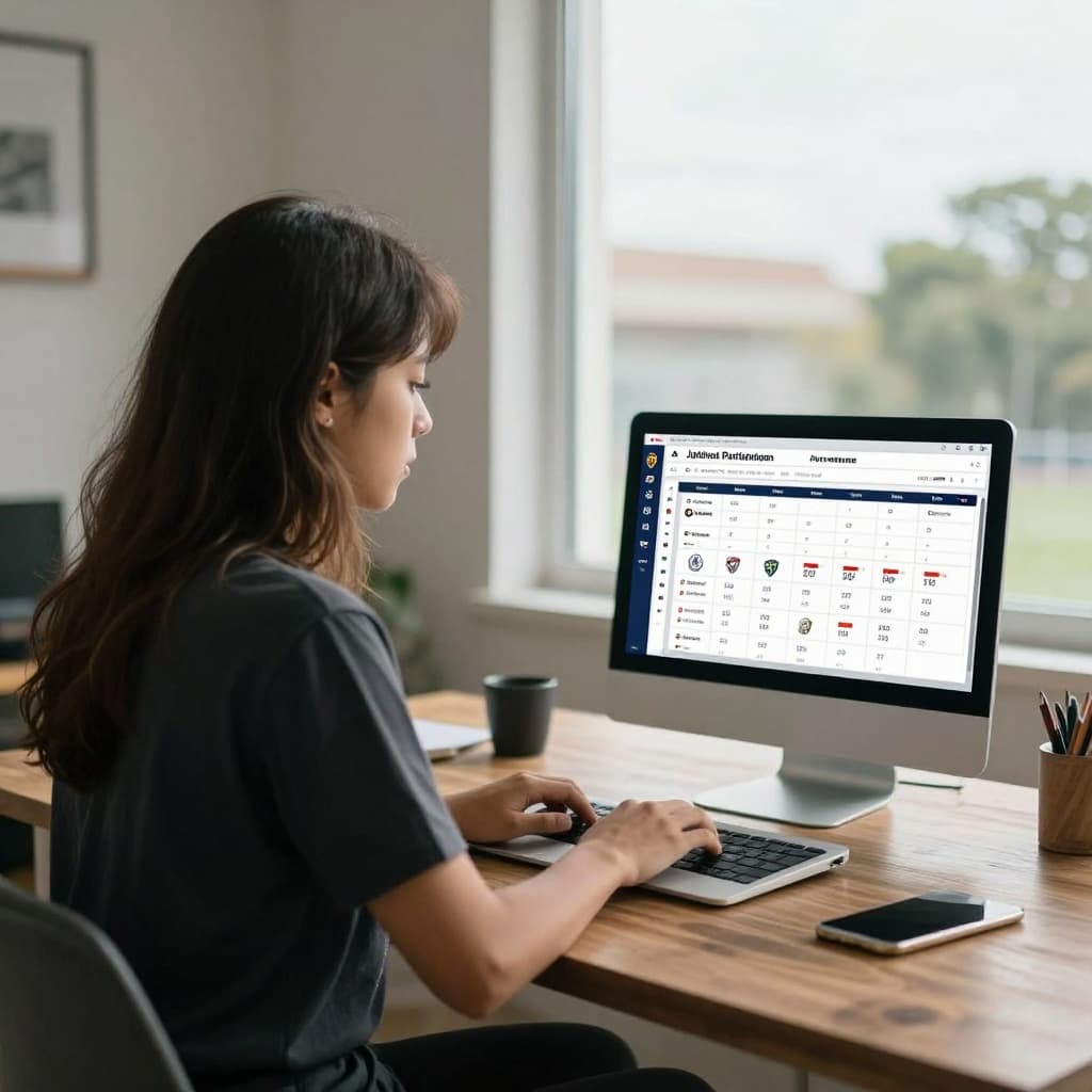 Soccer fan sits at wooden table with open laptop showing clean modern match schedule graphic, natural light from window.
